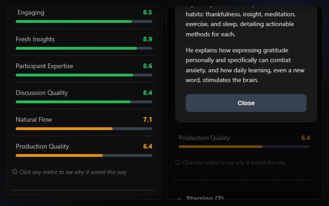 VidScore score breakdown and per-metric explanations shown side by side