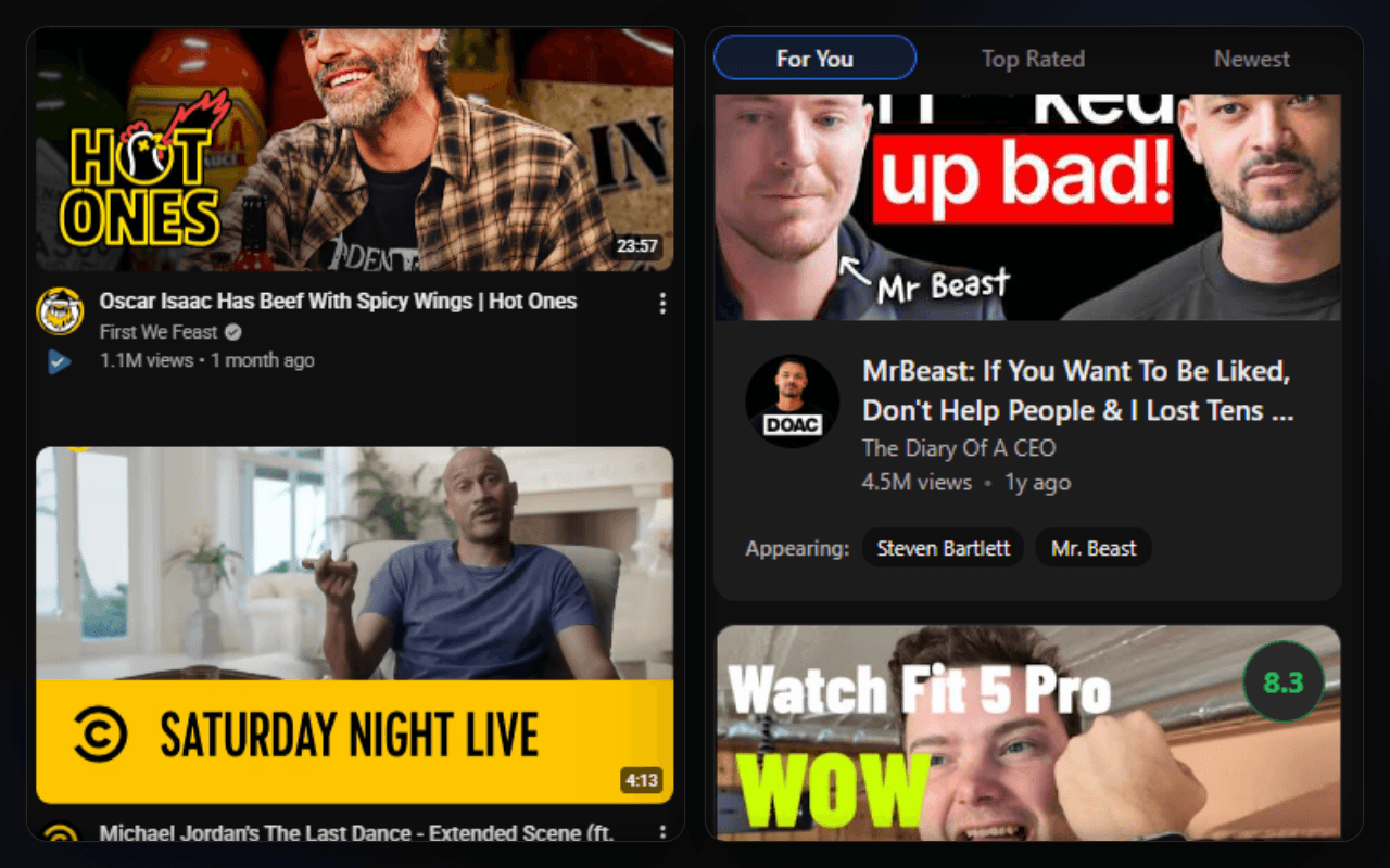 VidScore discovery feed of pre-scored videos shown beside the in-YouTube view
