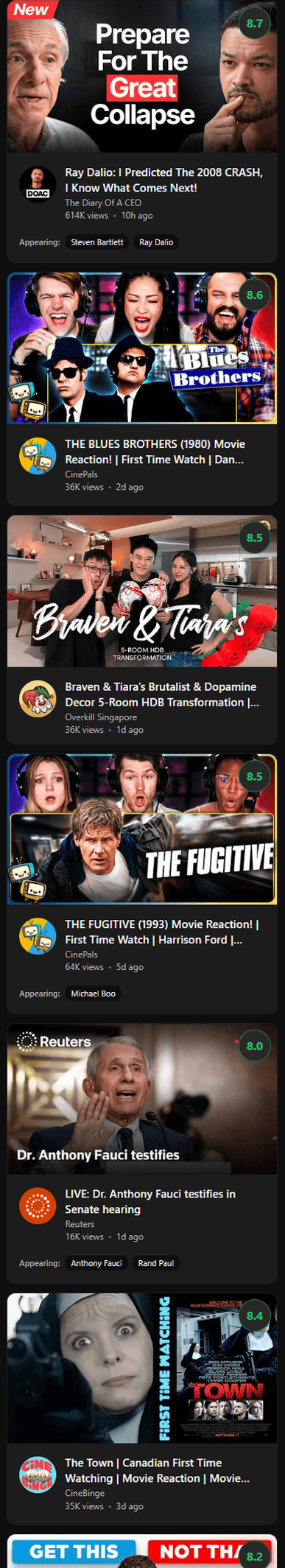 The For You feed: scored videos picked for this viewer, each tagged with who appears in it.