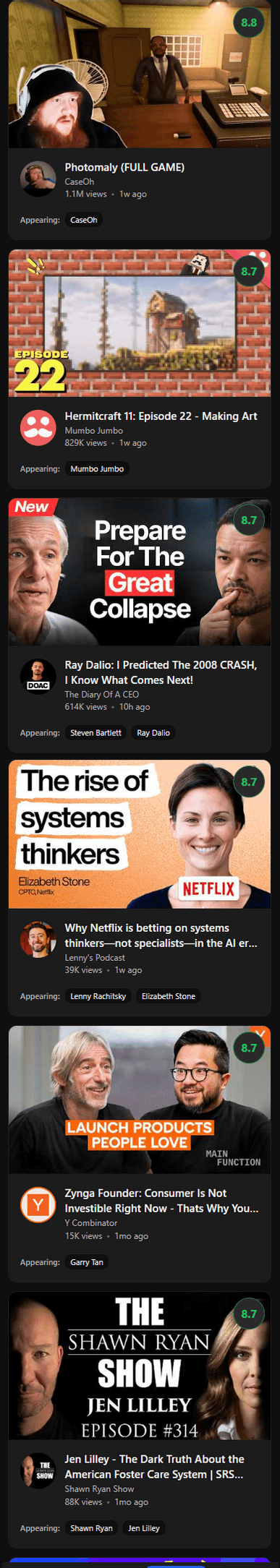 The Top Rated feed: the highest scoring videos, led by an 8.8.