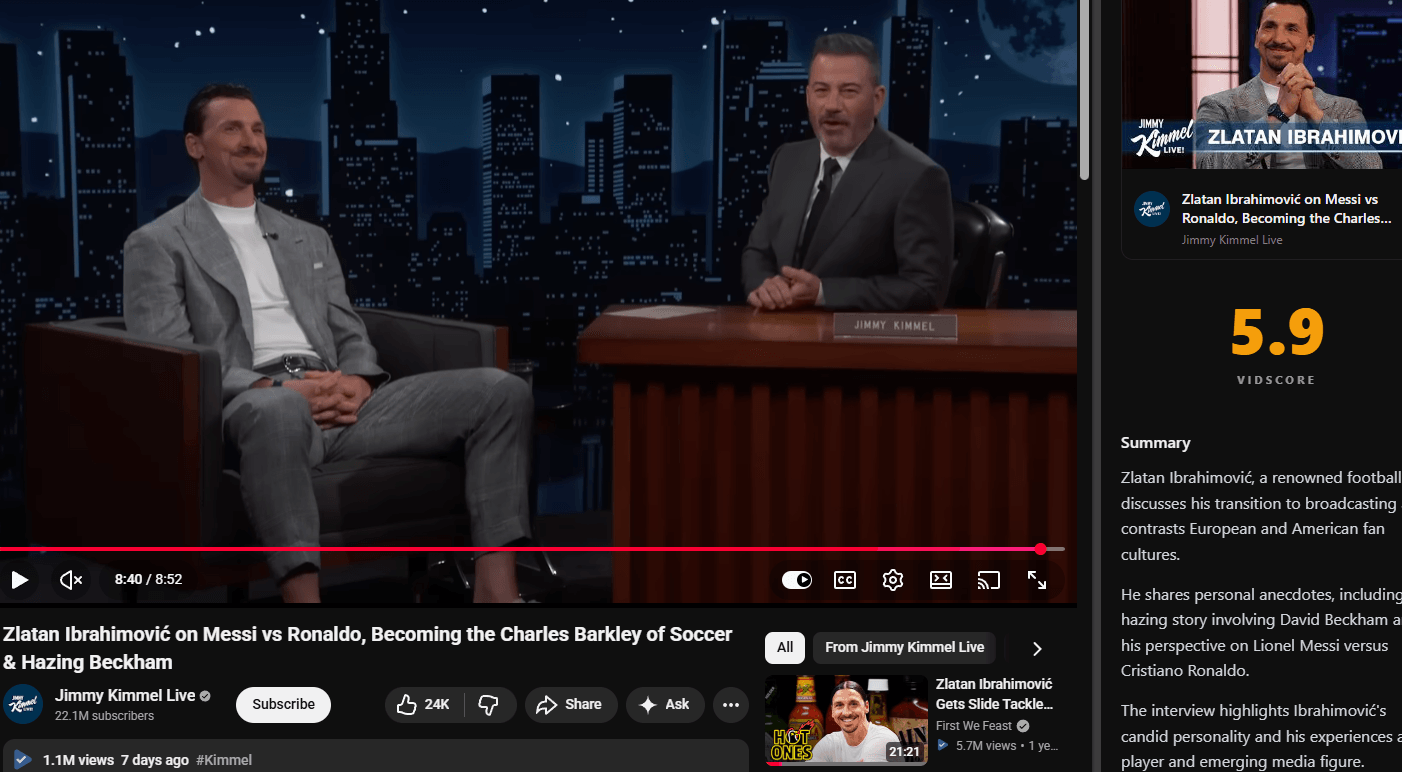 VidScore scoring a YouTube video in the browser, with the 5.9 score and summary panel