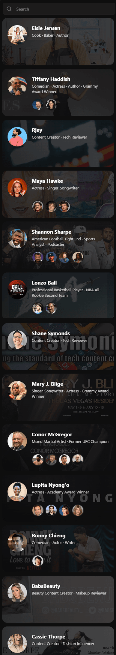 The VidScore panel showing a browsable list of creators and experts, each with their job and who they appear with.