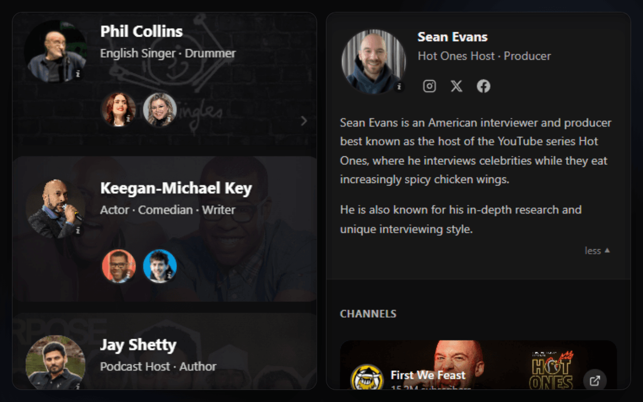 VidScore People tab showing a roster of identified people and a creator profile side by side